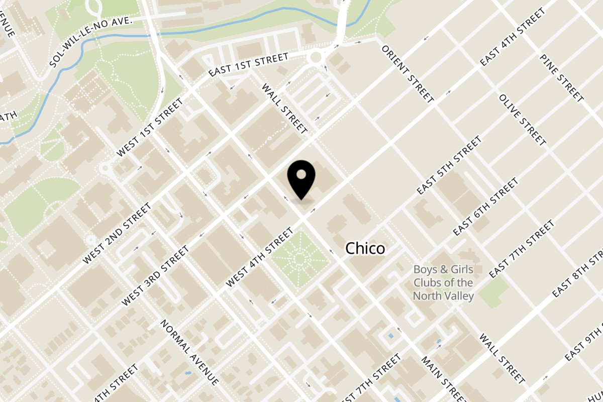 Map showing the location of Main Street Pizza on 331 Main St in Chico